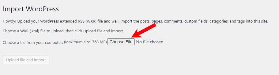 Import blog articles: Choose File For WordPress Import