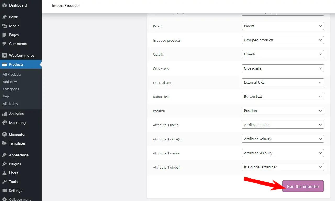 Import WooCommerce Products > Column Maping