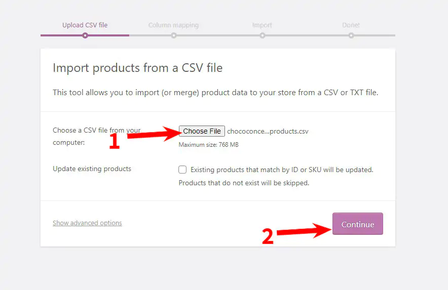 Import WooCommerce products: Choose CSV file