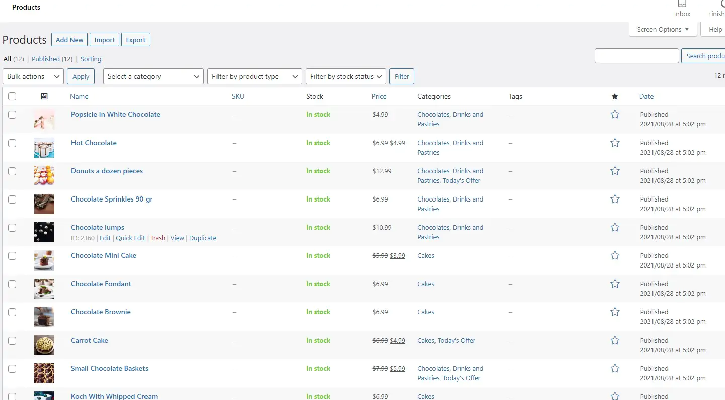 Import WooCommerce products: Imported products
