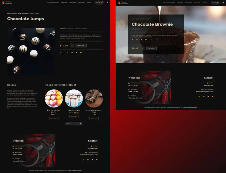 Layout of predefined Single page products in the Choco Concept Elementor kit