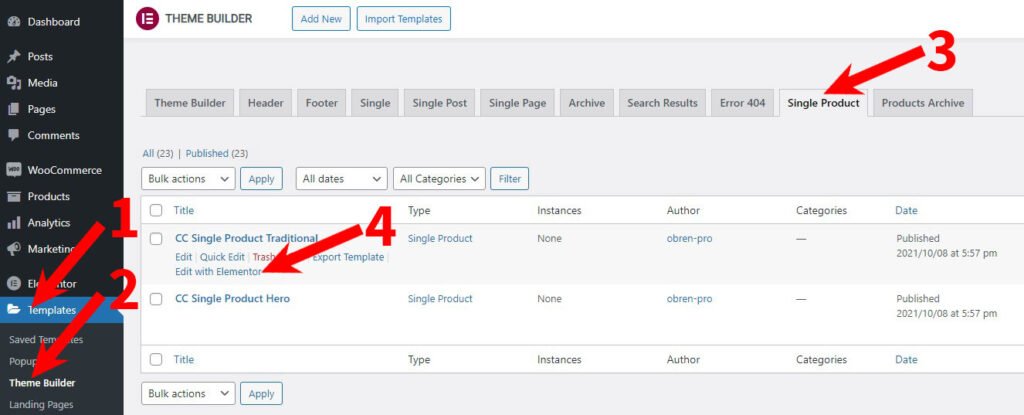 Open the Single Product template for editing in Elementor Pro