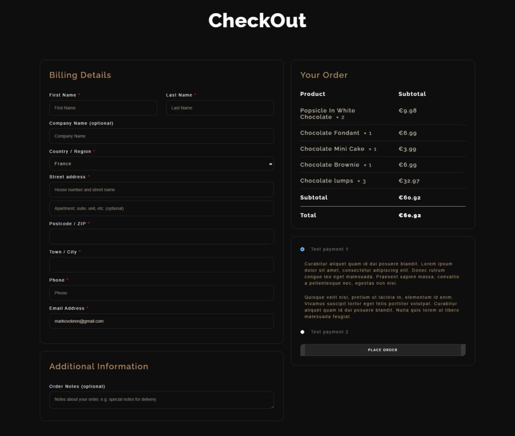 Choco Concept Elementor kit - Checkout page created using the Elementor Checkout widget