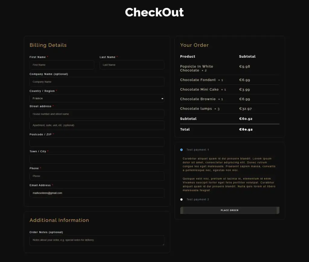 Choco Concept Elementor kit - Checkout page created using the Elementor Checkout widget