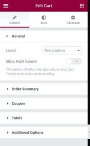 Content tab in the Elementor Pro Cart widget