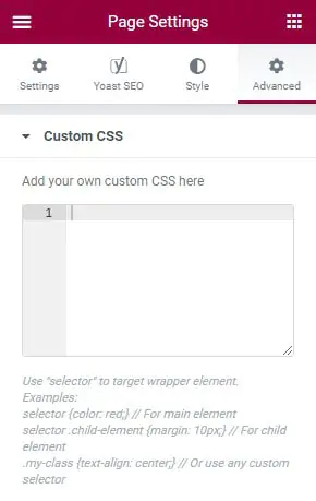 Field for entering custom CSS in Elementor Pro