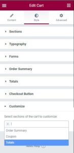 Section Customize of Style Tab of Cart Widget