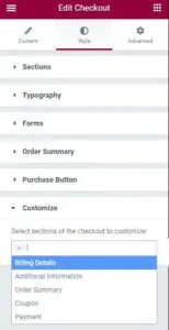 Style tab in the Elementor Checkout Widget