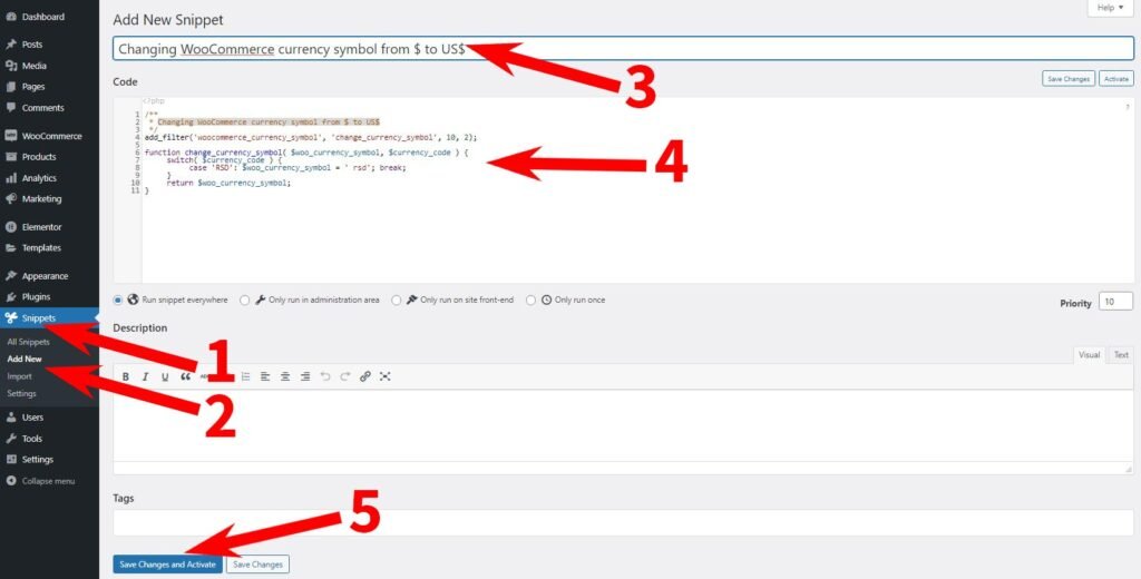 Adding new code snippets for change currency symbol in WooCommerce