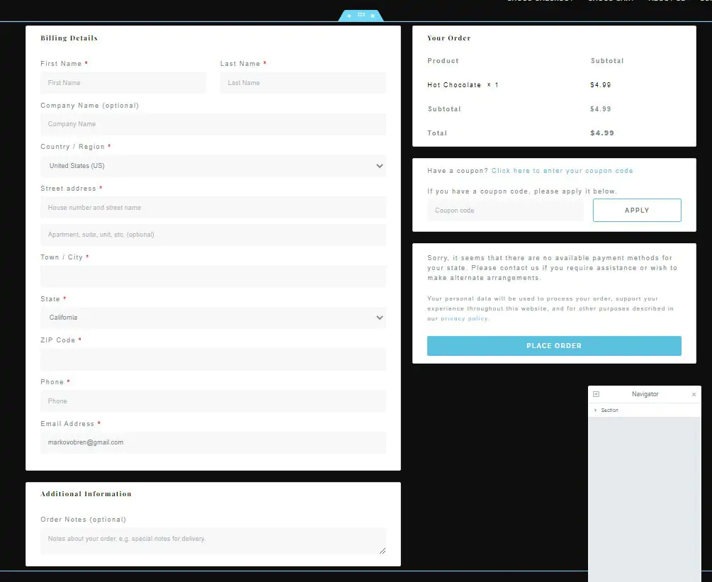 Elementor Pro Checkout widget in the default settings