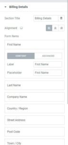 elementor checkout widget - billing details