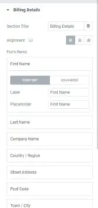 elementor checkout widget - billing details