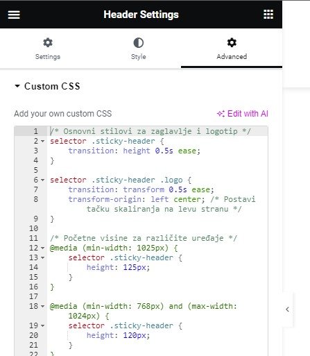 Shrinking Sticky Header: Elementor Header Settings Custom CSS