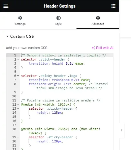 Shrinking Sticky Header: Elementor Header Settings Custom CSS